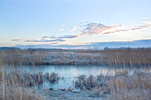 Frosty morning landscape with lake
