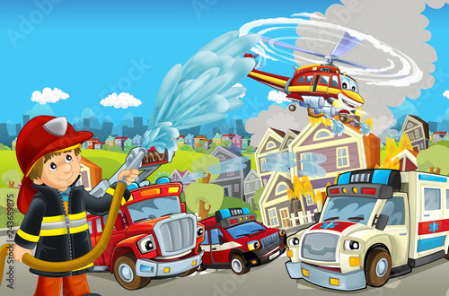 Fototapeta Naklejka Na Ścianę i Meble -  cartoon stage with different machines for firefighting and ambulance colorful and cheerful scene