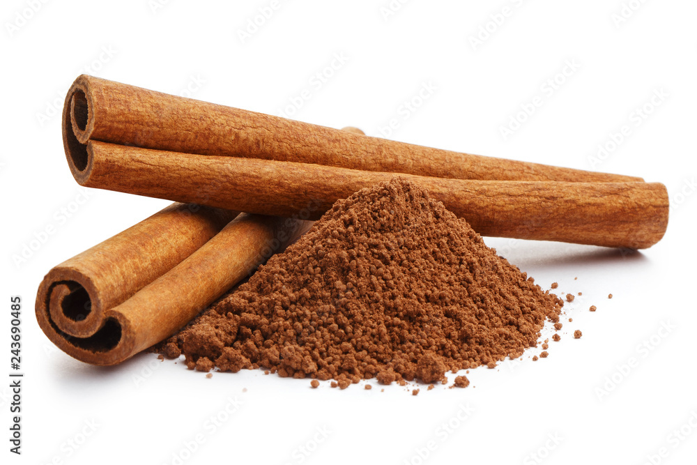 Cinnamon sticks and powder, isolated on white background Cinnamon sticks and powder, isolated on white background