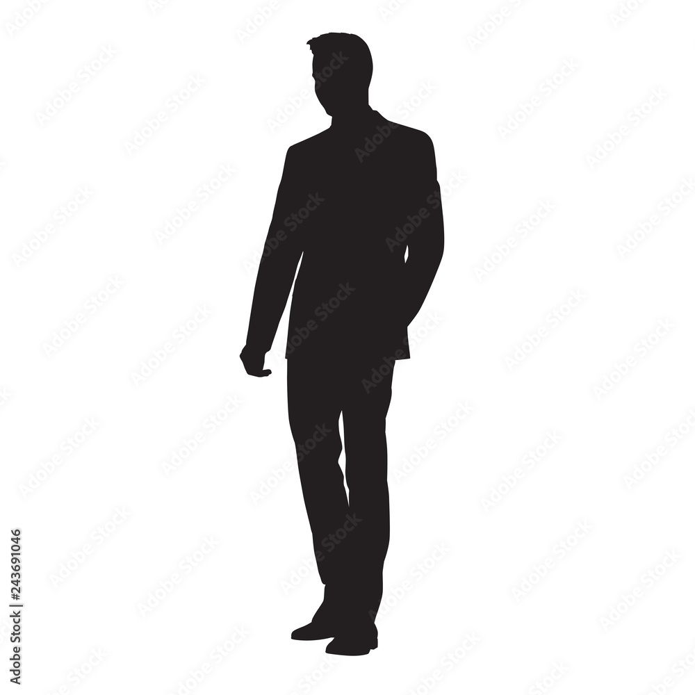 Businessman standing in suit, isolated vector silhouette. Business people