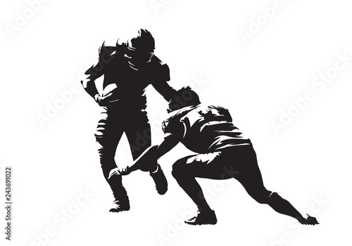 American football action, two players. Isolated vector silhouette, ink drawing