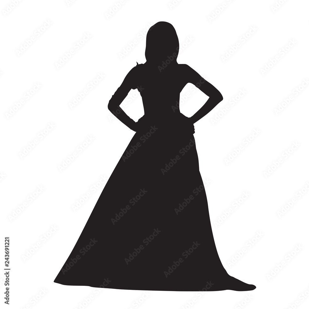 Woman clothed in long night dress, isolated vector silhouette. Hands on hips Woman clothed in long night dress, isolated vector silhouette. Hands on hips