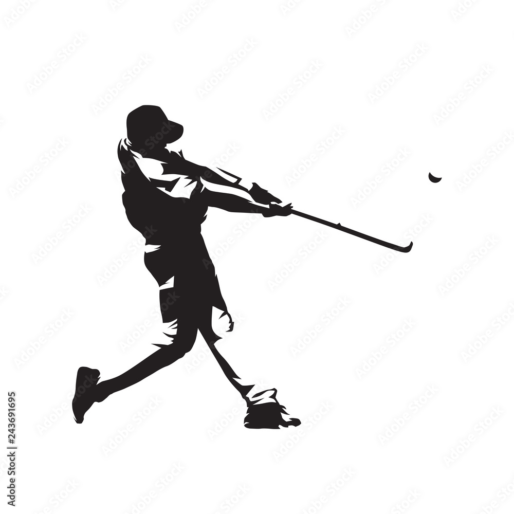 Baseball player hitting ball, batter,  isolated vector silhouette
