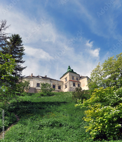 Old beautiful medieval castle on the hill among the trees against the background of the blue sky