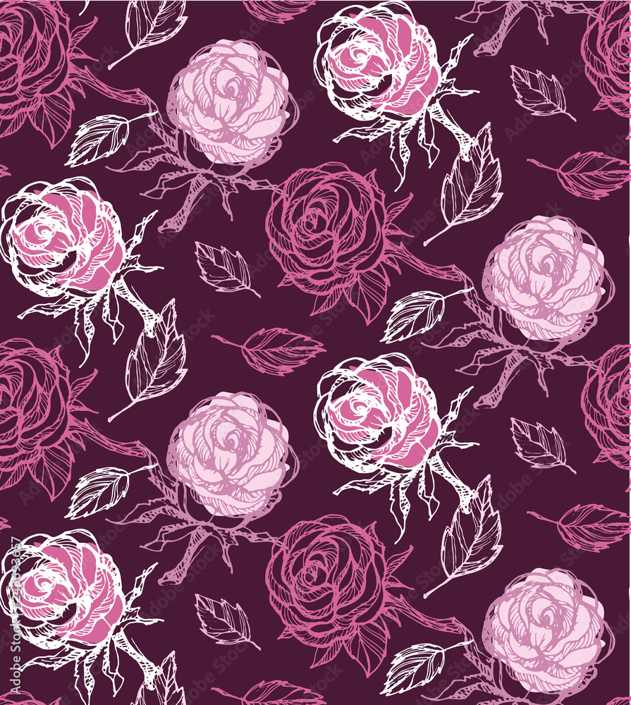 Hand drawn doodle rose pattern background