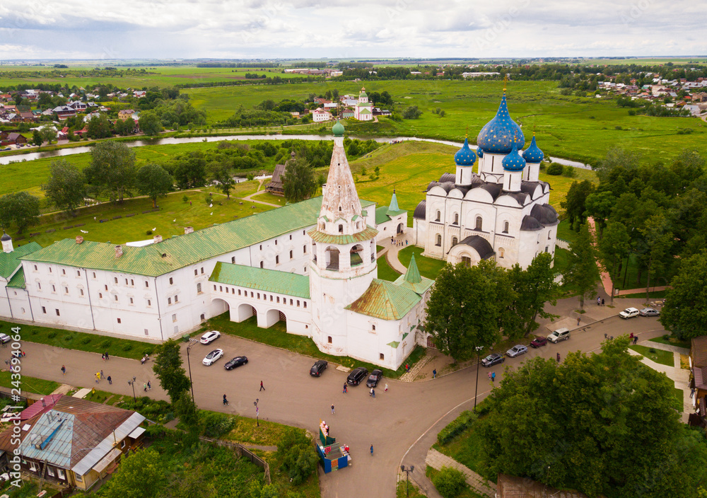 Aerial view of Suzdal Kremlin with Cathedral of Nativity
