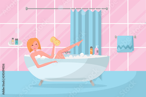 Blond Bob haircut girl in bathtub with washcloth in her hand. Bathroom interior with curtain, tile. Woman taking a bubble bath. Playful pose with leg stuck out of bath.Flat cartoon vector illustration