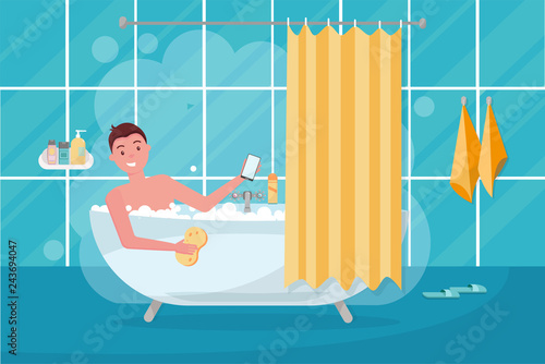 Young man in bathtub bubble foam. Bathroom home interior with bath in tile with shower curtain. Guy holding washcloth and using smartphone.picture on personal hygiene. Flat cartoon vector illustration