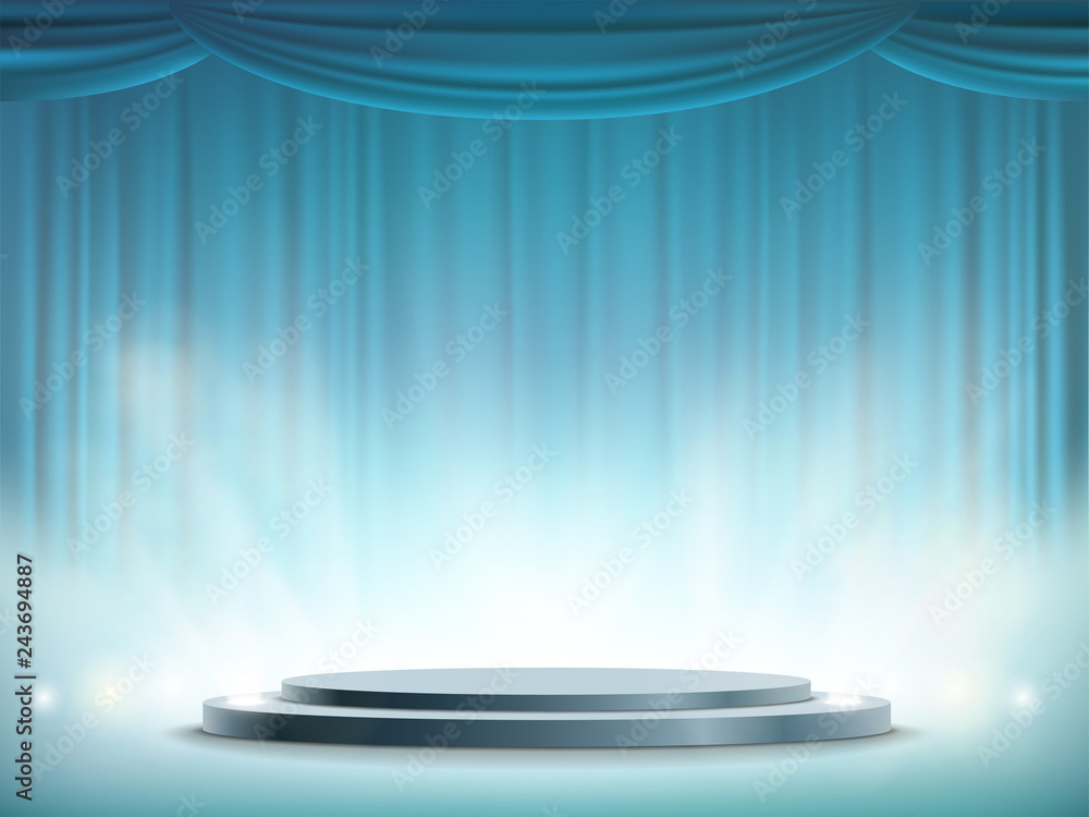Spotlights illuminates a round stage. Art background with blue curtain.  Stock Vector | Adobe Stock