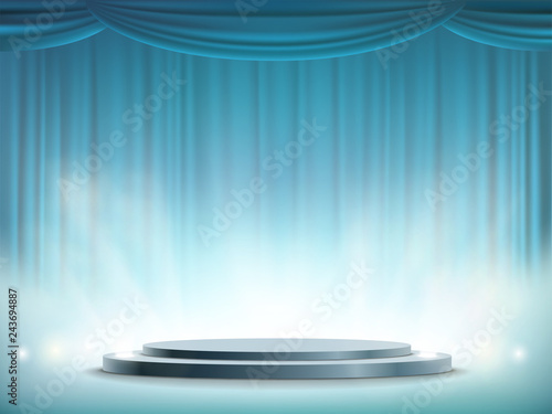 Spotlights illuminates a round stage. Art background with blue curtain.