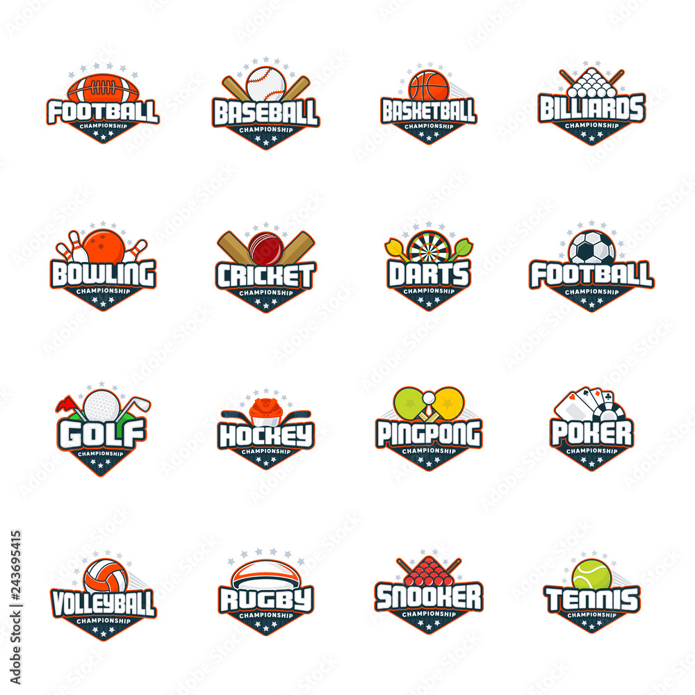 Sports logo set. Football, baseball, basketball, billiards, bowling, cricket, darts, golf, hockey, ping pong, poker, volleyball, rugby, snooker, tennis. Vector isolated colorful sport badges