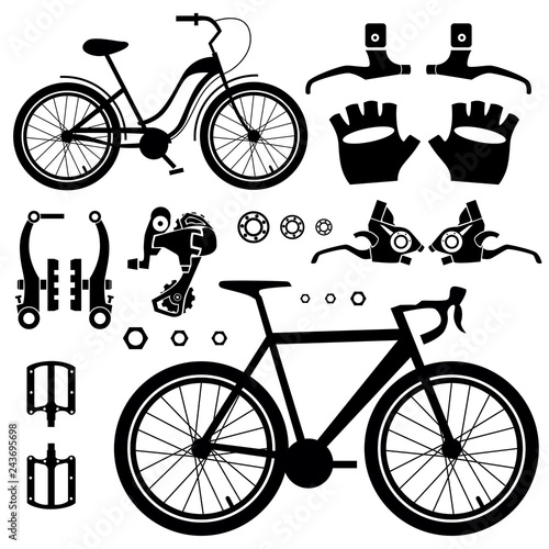 Bicycles. Set of bicycle parts. Isolated vector image.