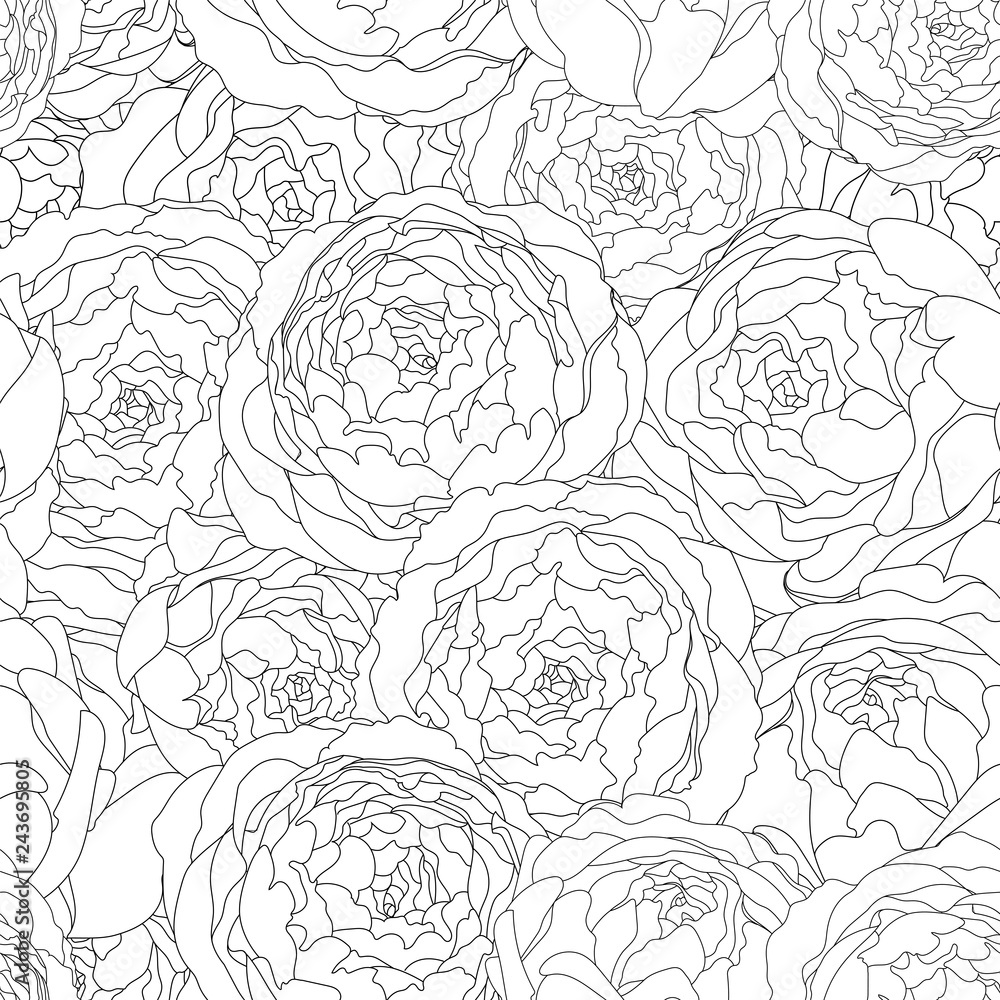Seamless background vintage pattern with peony flowers. Vector hand drawn illustration. Graphic hand drawn floral pattern. Textile fabric design.
