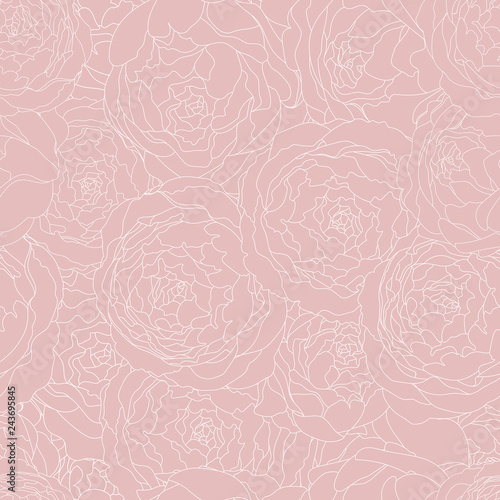 Seamless pink background vintage pattern with peony flowers. Vector hand drawn illustration. Graphic hand drawn floral pattern. Textile fabric design.