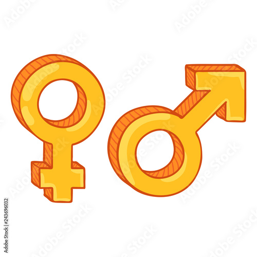 Vector Golden Cartoon Gender Symbols. Male and Female. Mars and Venus Signs