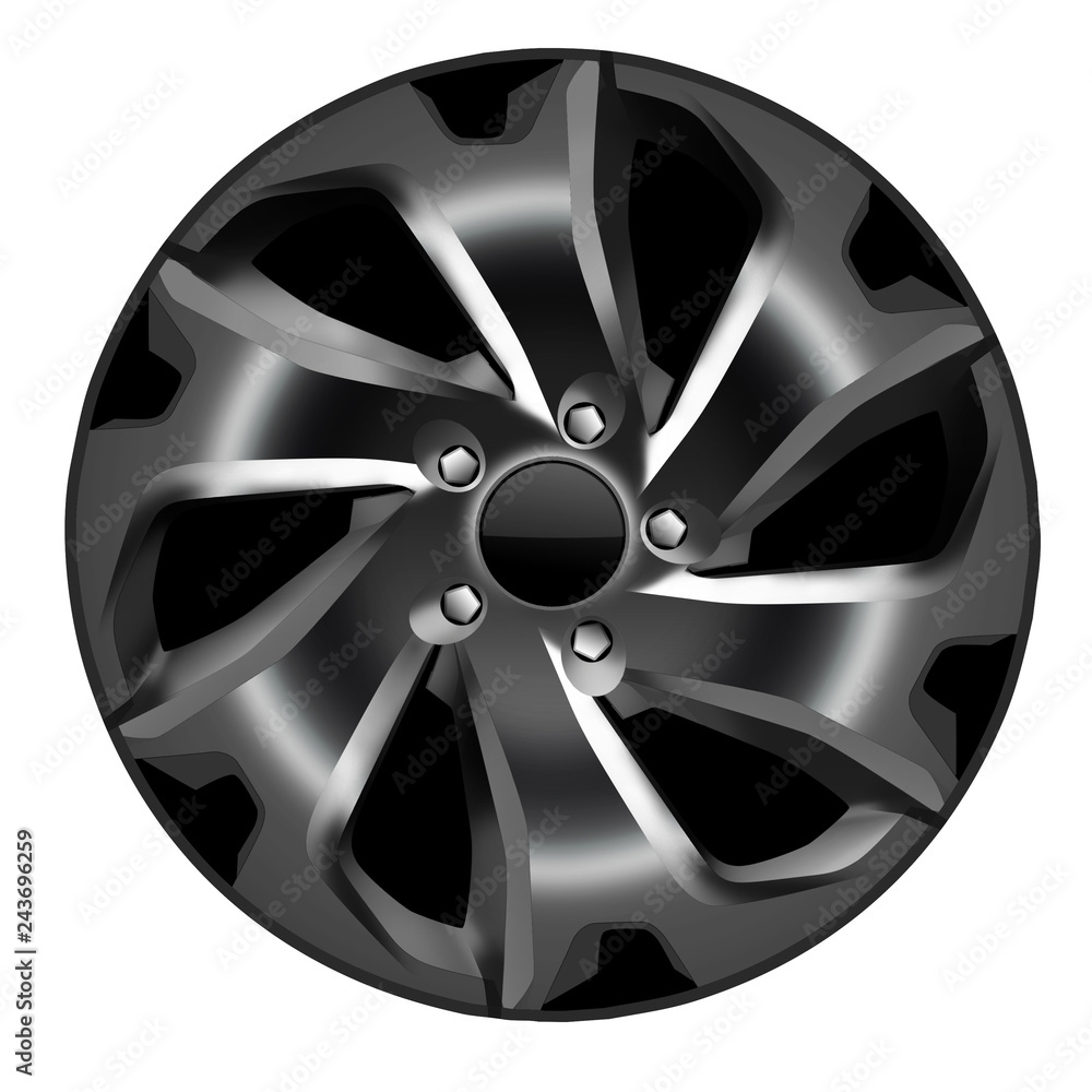 Fototapeta premium Design sketch of an alloy wheel in side view with black background.