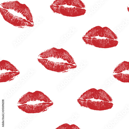 Vector woman red lipstick kiss prints seamless pattern. Red kisses for romantic, wedding and valentine backgrounds