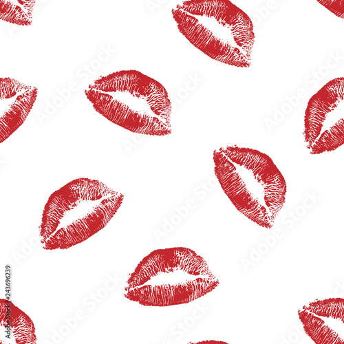 Vector woman sexy red lipstick kiss prints seamless pattern. Red kisses for romantic, wedding and valentine backgrounds