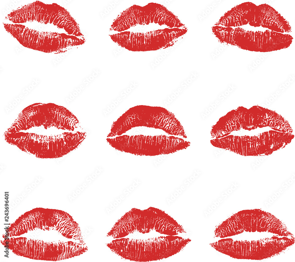 Fototapeta Print of red lips set. World kiss day, Valentine's day design elements. Vector illustration of womans girl red lipstick kiss mark isolated on white background.