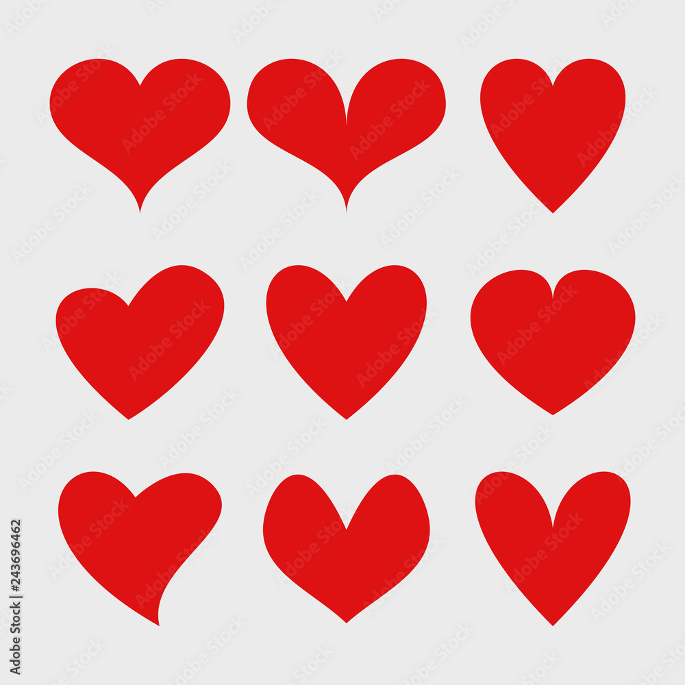 Vector set of red isolated hearts icons. Valentine's day design elements