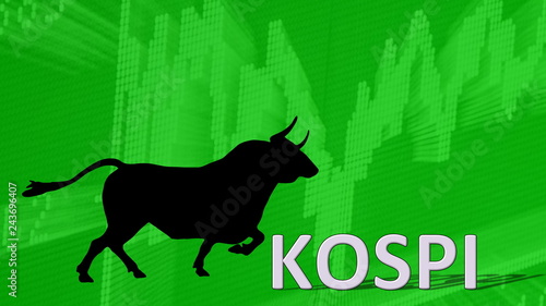 The Korea Composite Stock Price Index or KOSPI is going up. Behind the word KOSPI is a black bull silhouette with horns pointing to a green ascending chart, symbolizing a bullish stock market. © H-AB Photography