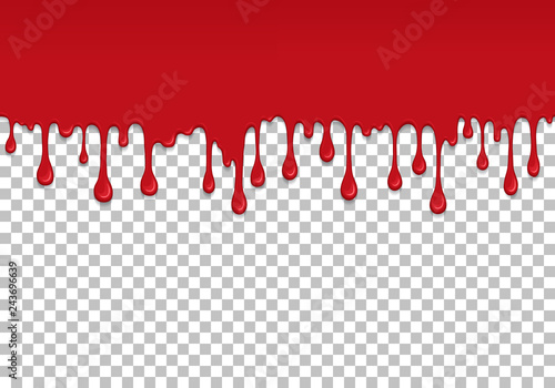 Red dripping slime seamless pattern. Bloody background with copy space. Kid sensory toy vector illustration. Realistic oozing slime isolated element. Flowing red sticky liquid. Paint drops and blots