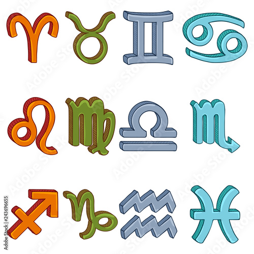 Vector Cartoon Colorful Set of 12 Zodiac Signs. Elements Color.