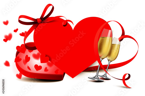 Herz Karte mit Geschenk, Sekt, Herz Schleife und Konfetti
