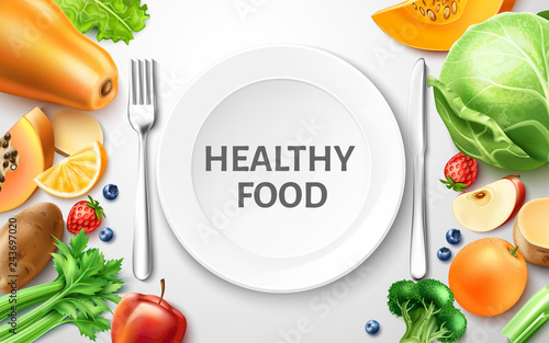 Vector healthy food, organic fruit at served table