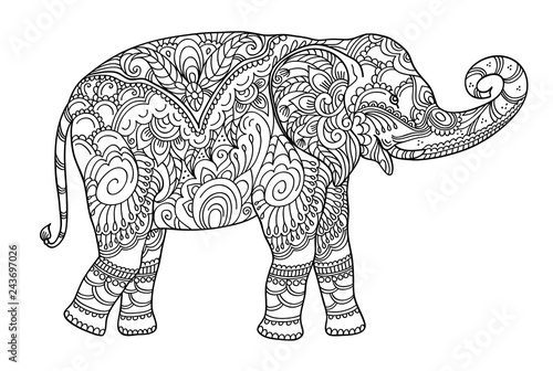 Drawing zentangle elephant, for coloring book for adult or other decorations