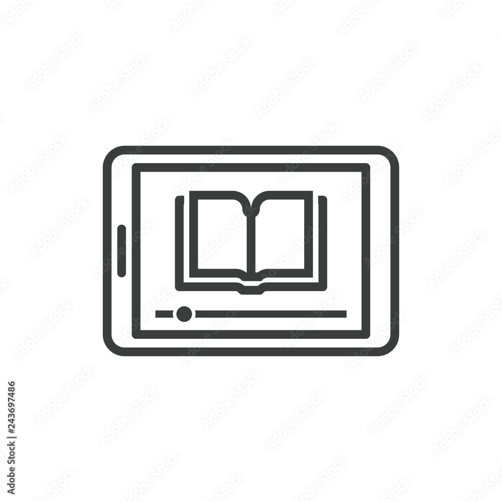 Online education icon of tablet with lessons from e-book or audio book Online education icon of tablet with lessons from e-book or audio book