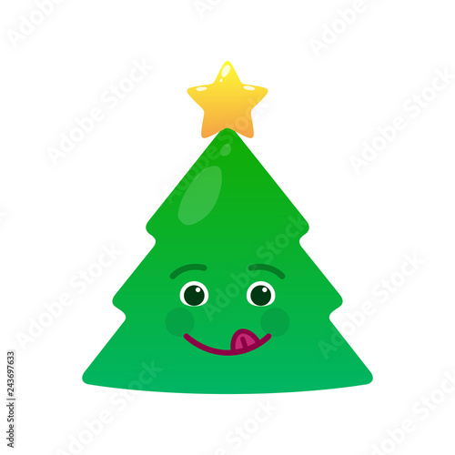 Playful christmas tree isolated emoticon. Frisky green fir tree with decoration emoji. Merry Christmas and happy new year vector element. Coltish face with facial expression. Winter holidays symbol