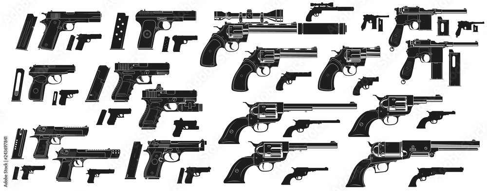 Fototapeta Graficzne czarno-białe szczegółowe sylwetki nowoczesnych i retro pistoletów i rewolwerów z magazynkiem na amunicję. Na białym tle. Wektor zestaw ikon.