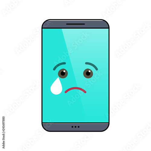 Crying mobile phone isolated emoticon icon. Tragic digital device emoji symbol. Social communication and chatting. Melancholy smartphone showing facial emotion. Animated cell phone vector illustration