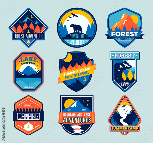 Set of isolated badges with mountain peaks and forest camp. Forest camp labels in vintage style. Mountain tourism, hiking. 