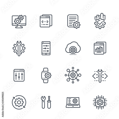 development, configuration service, hardware, settings line icons set on white