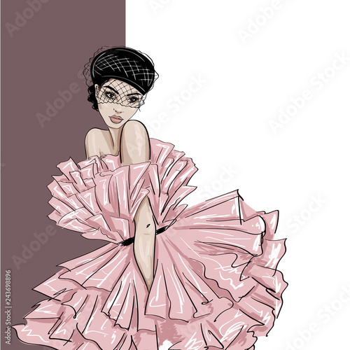 tender woman in beret with voile an puffy dress