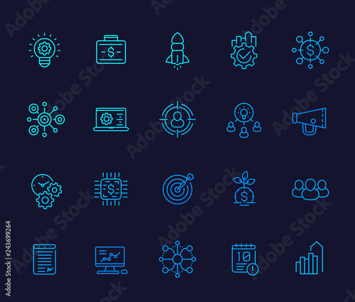 startup line icons, product launch, project management, funding, initial capital, ipo and marketing