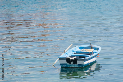 Small white blue boat with paddles anchored on the shore © Zoran