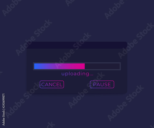 Upload window with progress bar, vector ui design