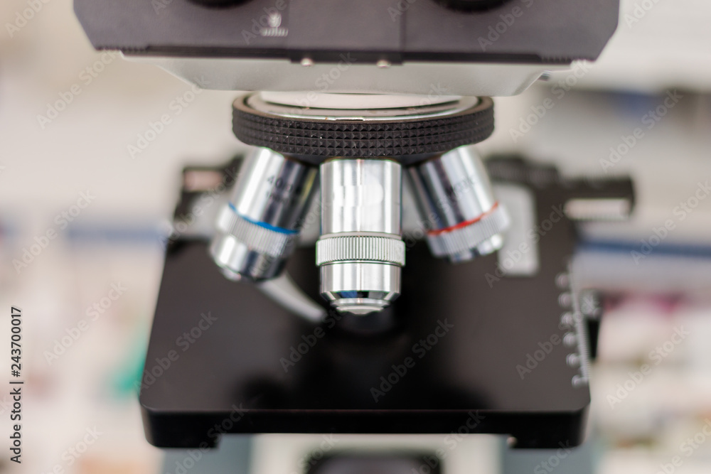 Microscope close-up, laboratory equipment Microscope close-up, laboratory equipment