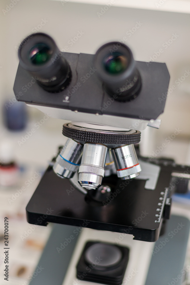 Microscope close-up, laboratory equipment Microscope close-up, laboratory equipment