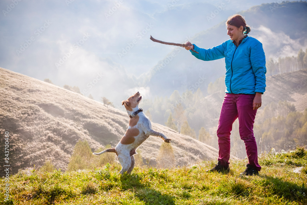 woman playing with her dog in beautiful mountain scenery in spring woman playing with her dog in beautiful mountain scenery in spring