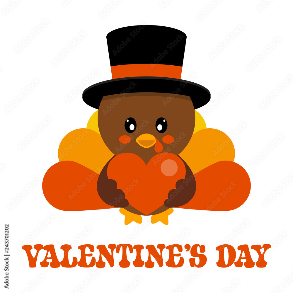 cartoon cute turkey in hat vector with heart and valentines text cartoon cute turkey in hat vector with heart and valentines text