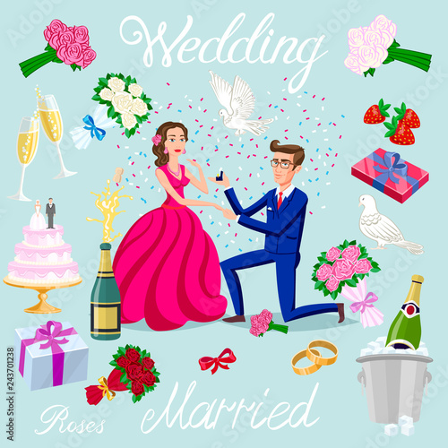 set vector wedding just married couple with hearts avatars characters. roses flowers champagne cake newlyweds pigeons gifts rings strawberry bow ice bubbles