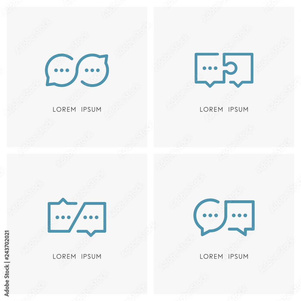 Infinity conversation and productive dialogue logo set. Different speech bubbles and chat symbols - good discussion and communication, teamwork and cooperation vector icon.
