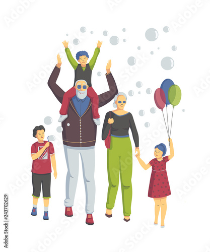 Grandparents with grandchildren have fun together. They have colorful balloons, laughing and blow bubbles. Isolated on white background. Happy grandparents day. Vector illustration
