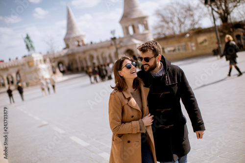 Loving couple by the Fisherman's Bastion in Budapest, Hungary