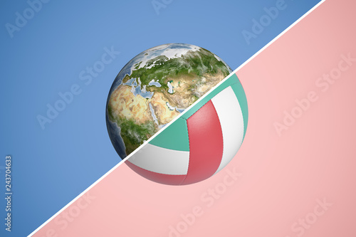 3d rendering of a sphere split into halves with a diagonal line, one half being planet Earth and the other a volleyball. photo