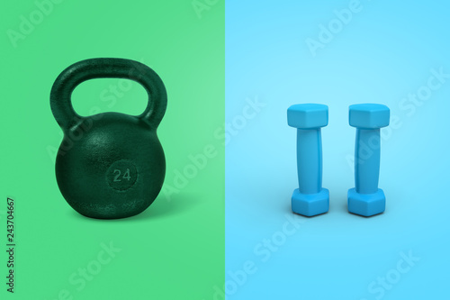Bilde på lerret 3d rendering of a black kettlebell on a green background and two blue dumbbells on a blue background